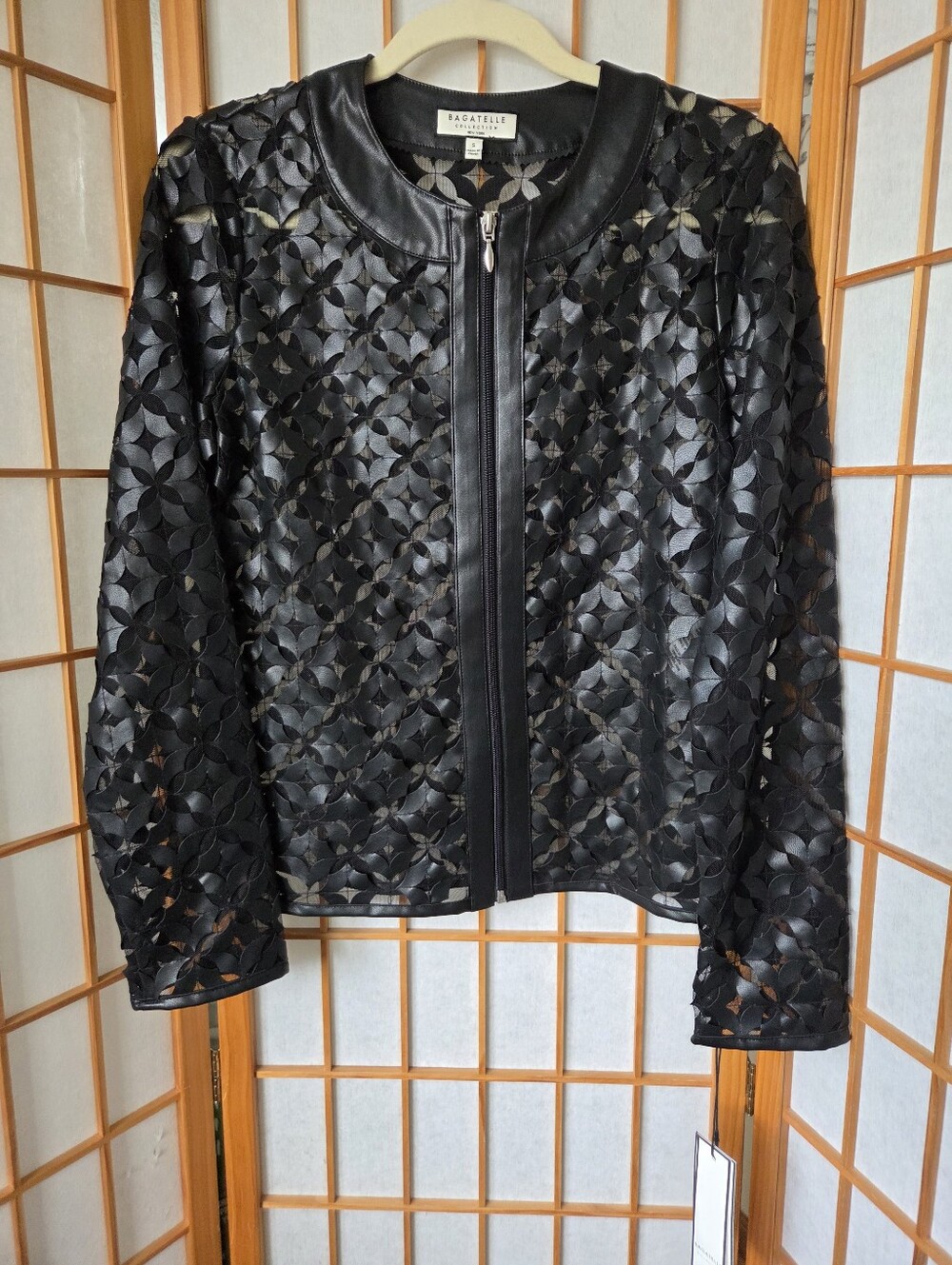 NWT WOMENS BAGATELLE COLLECTION NY BLACK FAUX LEATHER PERFORATED ZIPPER JACKET S